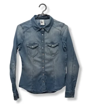 Camisa Denim Entallada H&M – Estilo Western con Efecto Gastado, Talla S